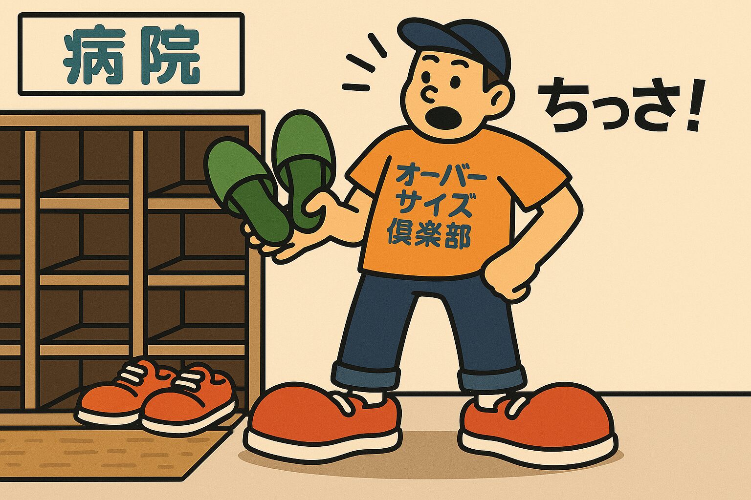 病院の玄関で、下駄箱から緑のビニールスリッパを取り出し「ちっさっ！」と驚くハミ出しシューズ隊の男性のイラスト スリッパちっさっ！病院の玄関で驚くハミ出しシューズ隊 「入らない…これ、スリッパっていうか、足カバーやん！」