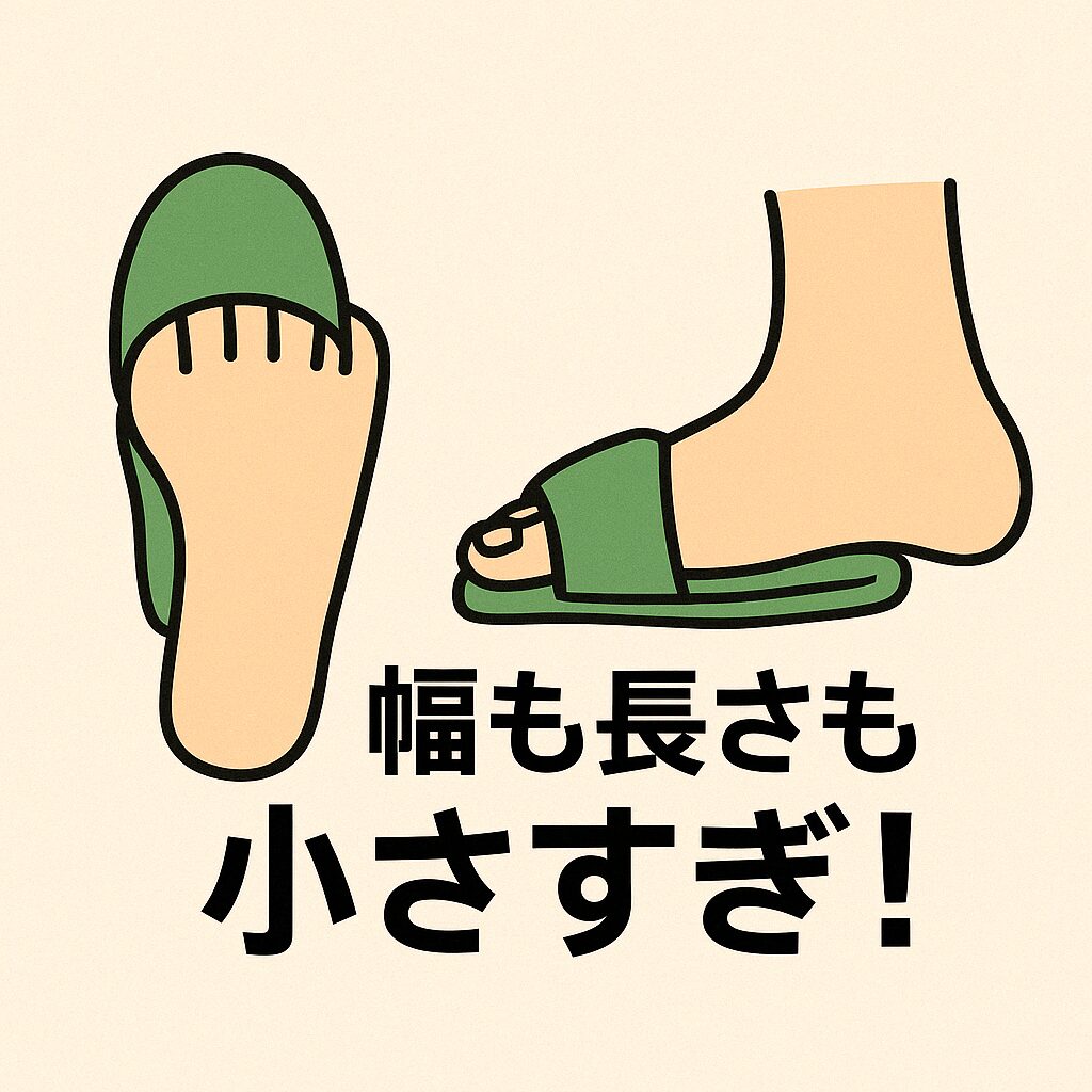 ビニールスリッパから大きくはみ出す足のイラスト。「幅も長さも小さすぎ！」の文字入り。 足が大きすぎてスリッパに入らない！かかともはみ出す31cmの現実 緑のビニールスリッパ かかとも足幅も完全にはみ出し！