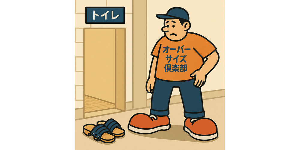 小学校のトイレ前で、極小サイズの木製トイレ下駄を見つめて戸惑う「はみ出しシューズ隊」のキャラクター トイレの下駄、まさかのサイズ問題。 「このサイズ…どうやって履くの!?」子供の学校行事でトイレに立ち寄った“足でか族”の父。そこに待っていたのは、常識外れの小さな木製ゲタだった！