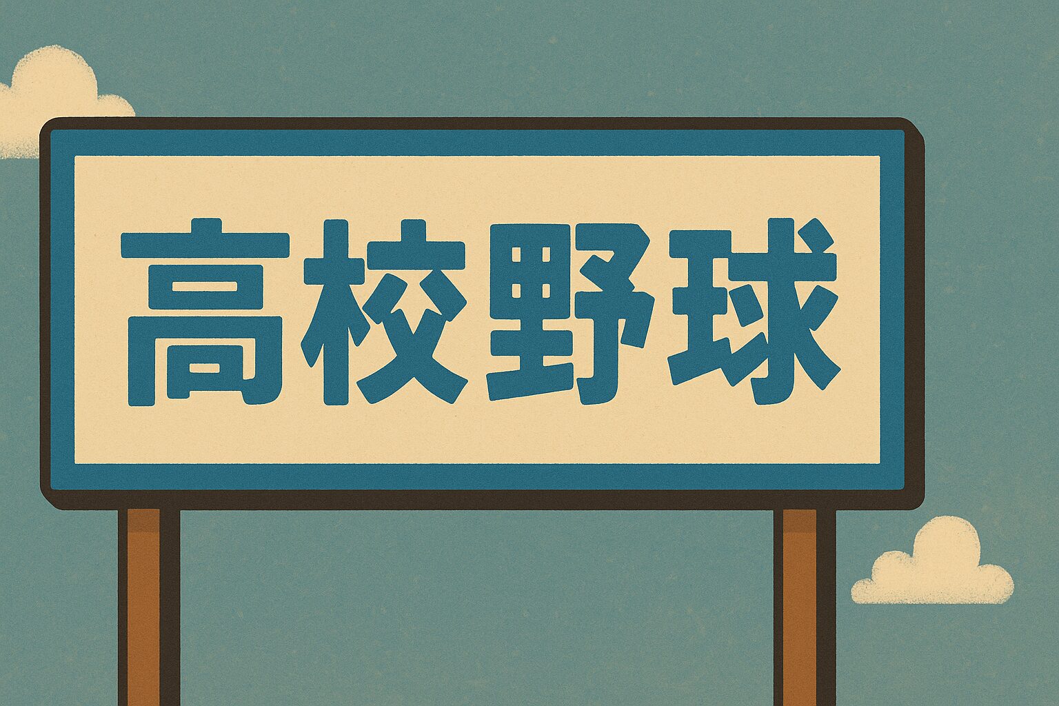 青空の下、スタジアム入り口に掲げられた「高校野球」と大きく書かれた看板のイラスト。