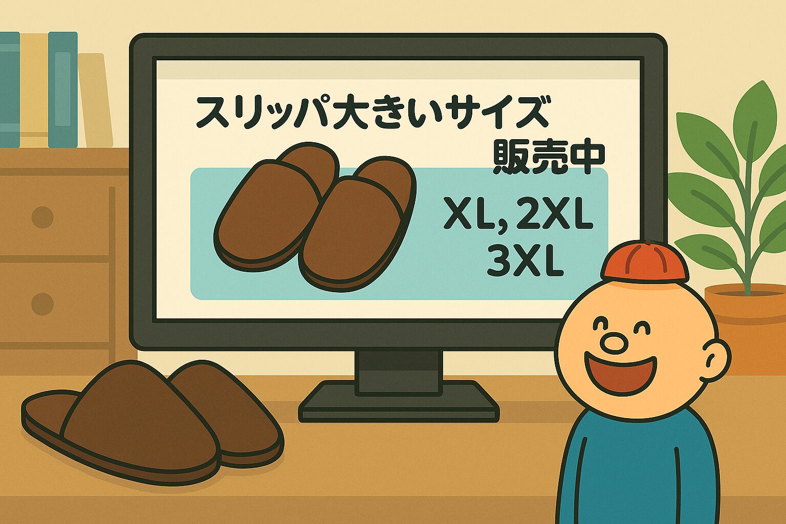 部屋のパソコンモニターに「スリッパ 大きいサイズ（XL、2XL、3XL）販売中」と表示された通販サイトが映し出されている。背景は足の大きい人の生活感ある部屋で、画面にスリッパのイラストとサイズ情報が分かりやすく並んでいる。