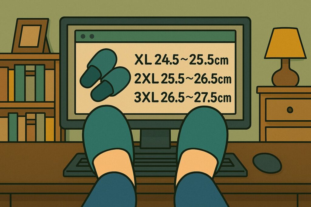 パソコンのモニター画面に、スリッパ大きいサイズの詳細がスクロール表示されている。XL（24.5～25.5cm）、2XL（25.5～26.5cm）、3XL（26.5～27.5cm）のサイズ展開が文字で描かれている。背景は足の大きな人の部屋をイメージした空間。