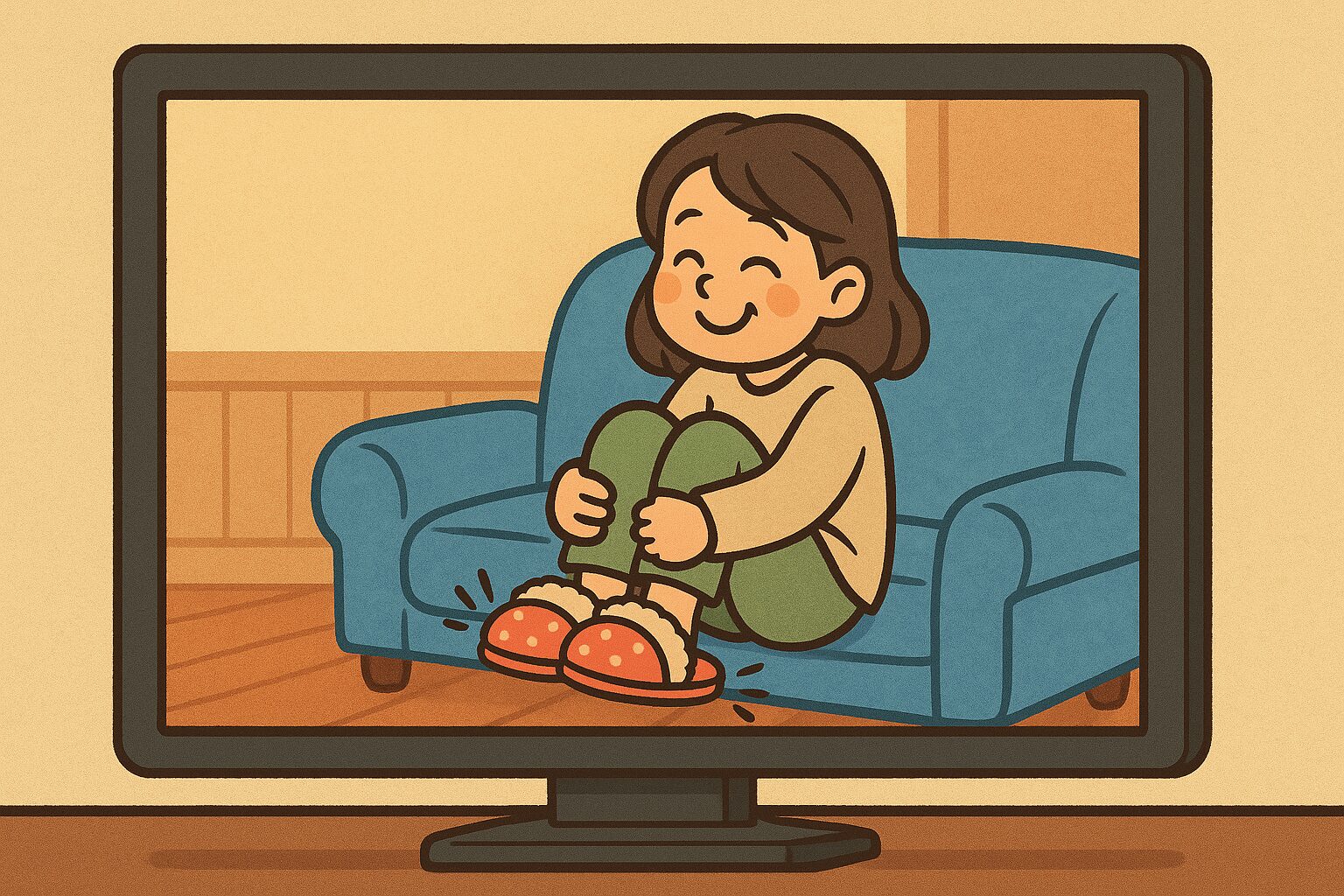 モニター画面の中に、ソファーに座ってスリッパを履き、足をパタパタさせている女性が映っているイラスト。背景はフローリングのおしゃれな部屋。