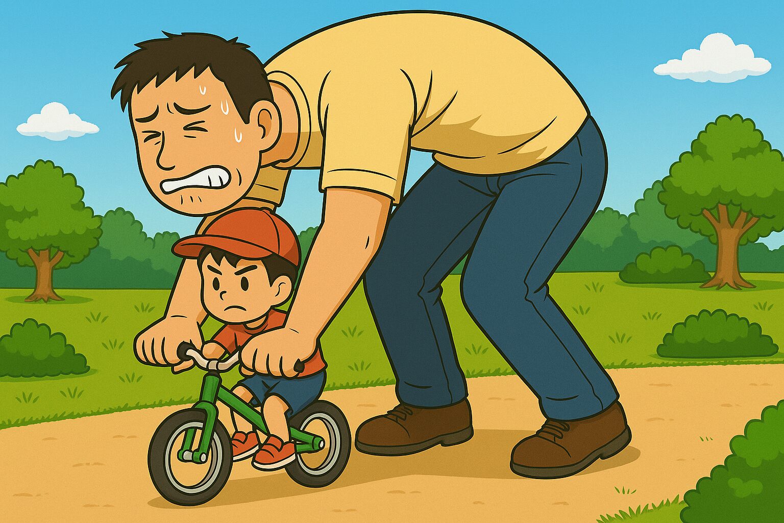 公園で自転車の練習をする男の子を、身長192cmの大柄な父親が前かがみで両手で支えている様子のイラスト 補助輪なしの自転車練習、父の腰が悲鳴！ タッカーズパパ、立位体前屈スタイルで自転車練習サポート中！