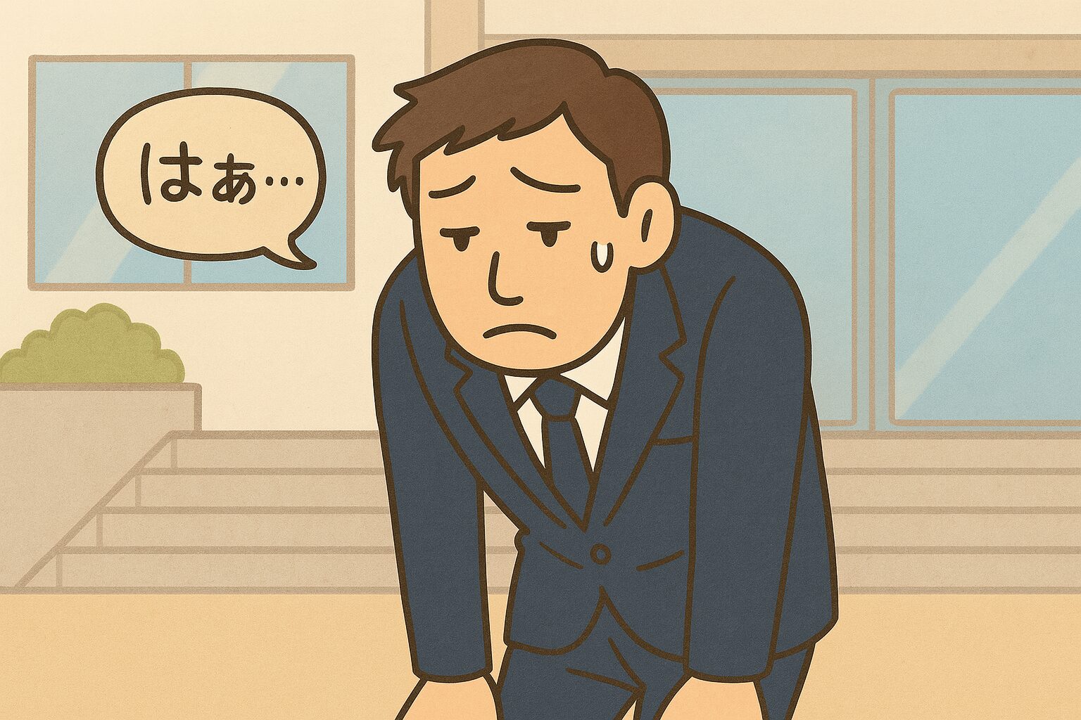 集合写真の撮影場所へ向かう途中、浮かない表情で歩く背の高い男性。写真撮影の苦労を察している様子。 集合写真の現場へ向かうタッカーズの憂鬱な背中 「どうせまた、膝を曲げてって言われるんだろうな…」