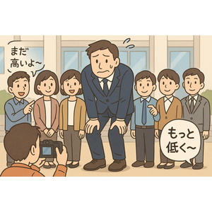 集合写真の撮影で「もっと低く～」とカメラマンに指示され、膝を曲げて困惑する高身長の男性。 集合写真は膝への試練!? 背が高いさんあるある 集合写真のたびに姿勢を指示されるタッカーズ。