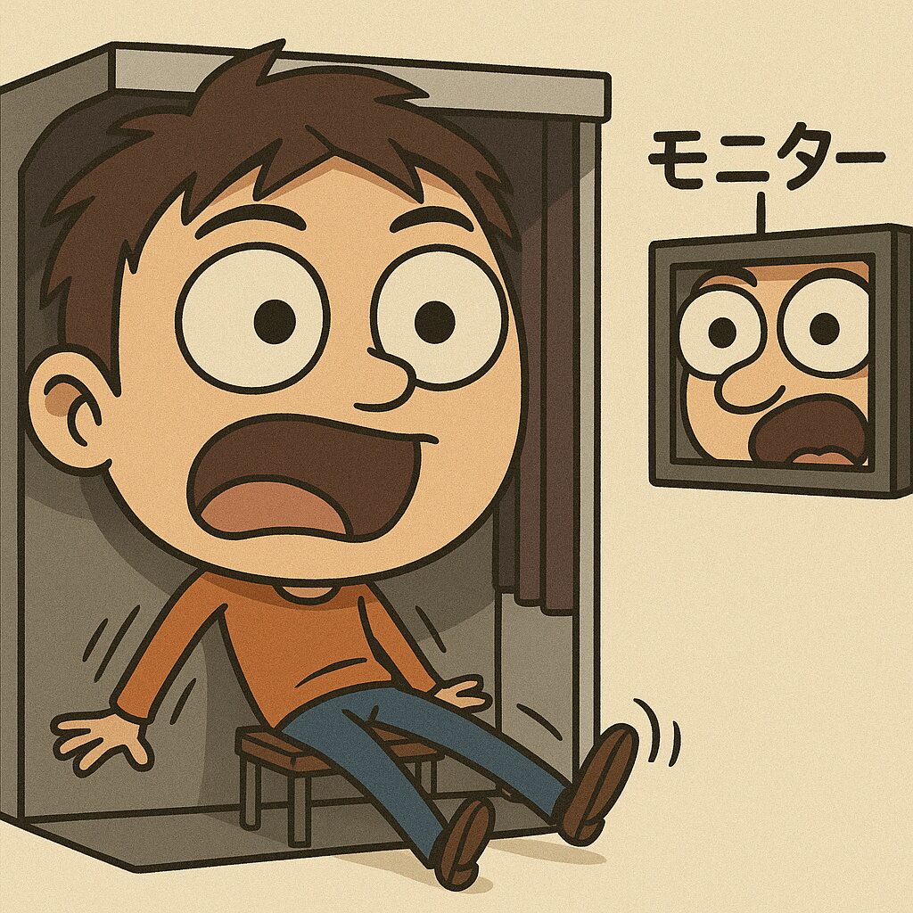 証明写真ボックスで限界の姿勢をとる男性。モニターには頭の一部しか映っておらず、狭さに困惑している様子。 証明写真ボックス VS オーバーサイズ倶楽部──死のループ、発動中！ 「もっと顔を下げてください」「後ろに下がってください」──ボックス君の無慈悲な声に翻弄されるタッカーズ。