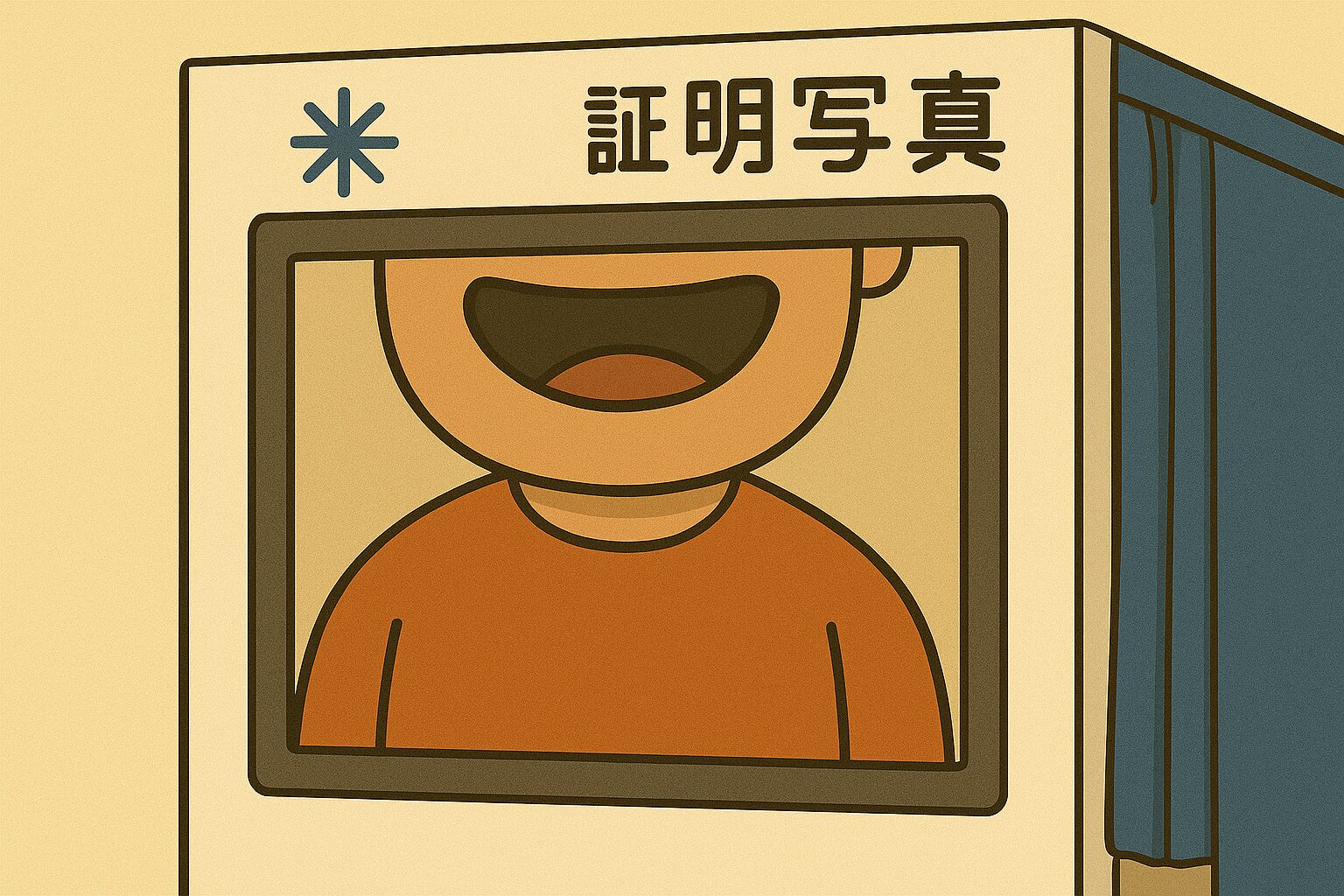 証明写真機のモニターに、顔が入りきらず口から胸までしか映っていないオーバーサイズ倶楽部のメンバー 顔が…消えた！？証明写真機モニターに“オーバーサイズ倶楽部”の下半分だけ 証明写真ボックスのモニターに映っているのは、まさかの口から胸だけ。オーバーサイズ倶楽部のタッカーズ、今日もサイズとの闘いが始まる。