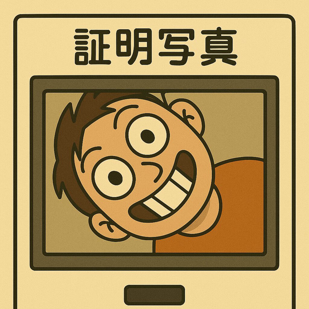 証明写真機のモニターに斜めに顔を傾けてようやく顔全体が映ったオーバーサイズ倶楽部のタッカーズ ついに映った!? 斜め45度で挑む“証明写真”の戦い モニターに映るために顔を斜めに大旋回！