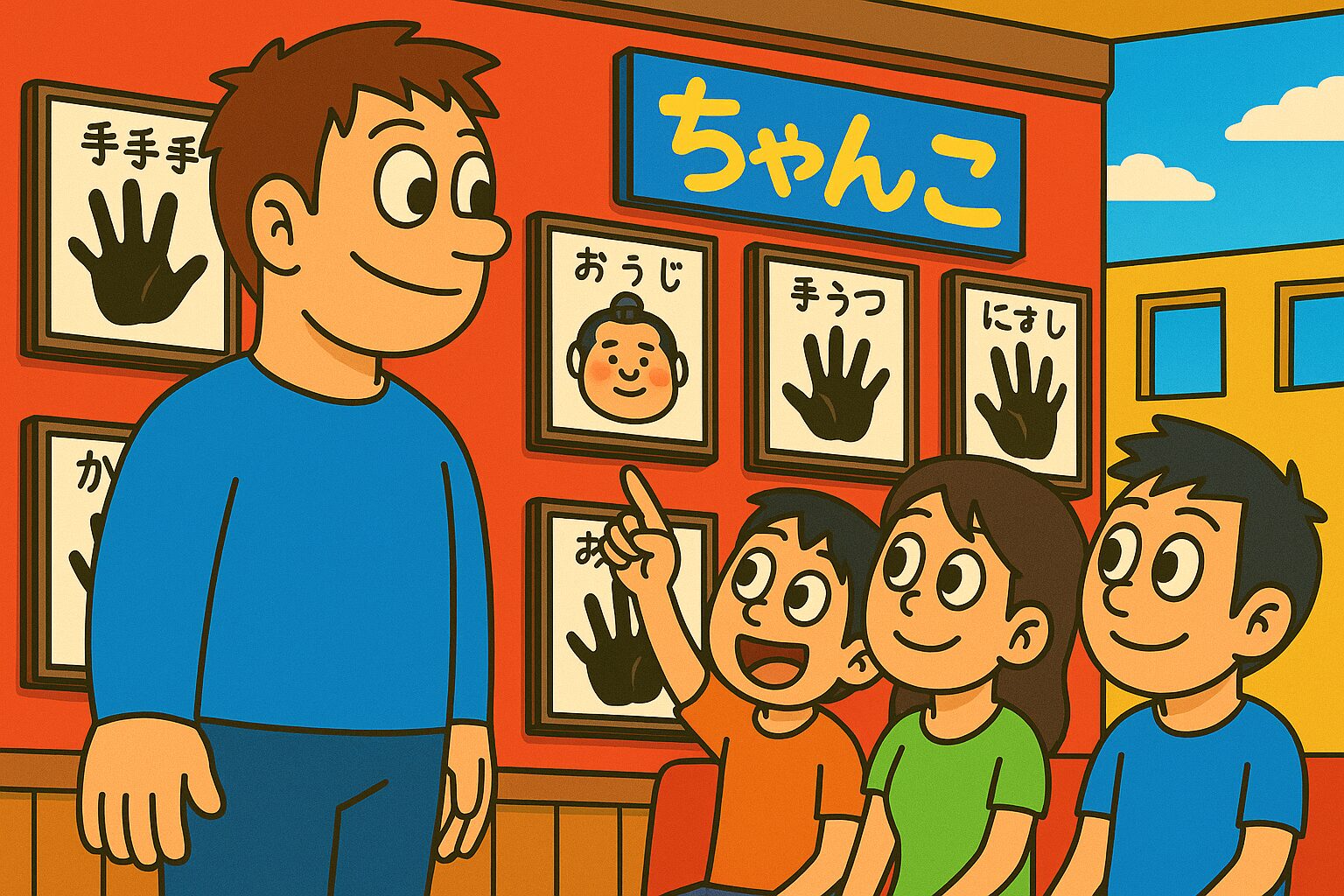 ちゃんこ屋の待合室で、友人たちと一緒に力士の手形の色紙を眺める若い男性たちの様子を描いたイラスト。 ちゃんこ屋で見つけた、力士の手形と青春の記憶 力士の手形を前に盛り上がる仲間たち。でも、私の手のほうが大きいかも…？