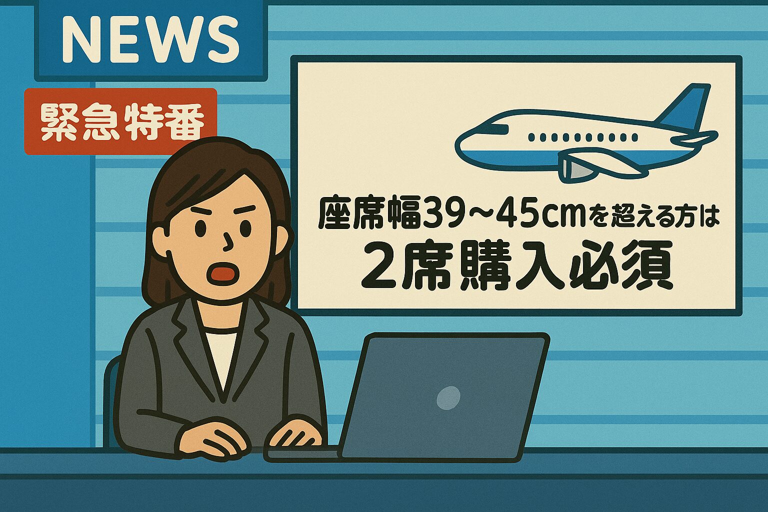 スーツ姿の男性キャスターがニュース番組の緊急特番として、サウスウエスト航空が座席幅39〜45cmを超える乗客に2席分の購入を義務づけると発表したニュースを読み上げている場面のイラスト。背景にはニュース番組風のスタジオ演出が描かれている。