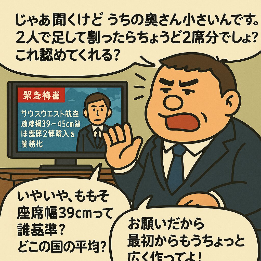 ニュース番組を見ながら、体の大きな男性が心の中で次々とツッコミを入れているイラスト。「2人で足して割ったら2席分」「座席幅39cmって誰基準？」「最初からもっと広くしてよ！」と吹き出しが並ぶコミカルな場面。