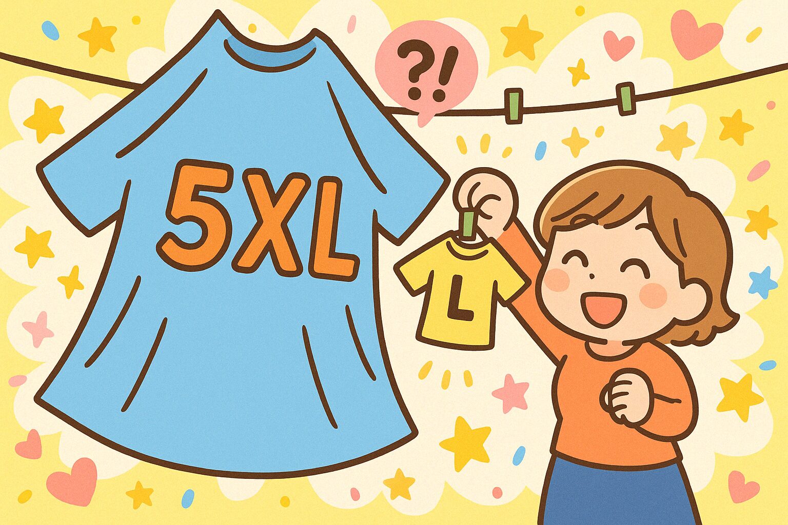 大きな「5XL」サイズのTシャツと、小さな「L」サイズのTシャツを干しながら驚いている女性のイラスト。サイズの呼び名の違いに戸惑う様子を描いている。 「L」が1個？「L」が5個!? ～サイズの呼び名にモヤっとする～ 5L？LLL？キングサイズ？どれも恥ずかしさ満点…もっと優しい名前にできないの!?