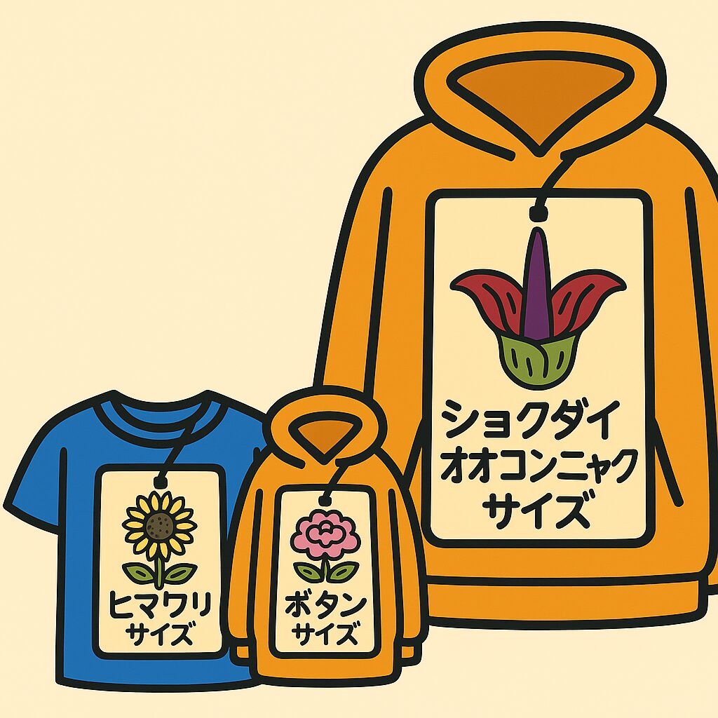 「ヒマワリサイズ」「ボタンサイズ」「ショクダイオオコンニャクサイズ」の3種類の服が並んだイラスト。特にショクダイオオコンニャクサイズは子供服と大人服ほどの差がある巨大サイズとして描かれている。背景は薄いベージュ。