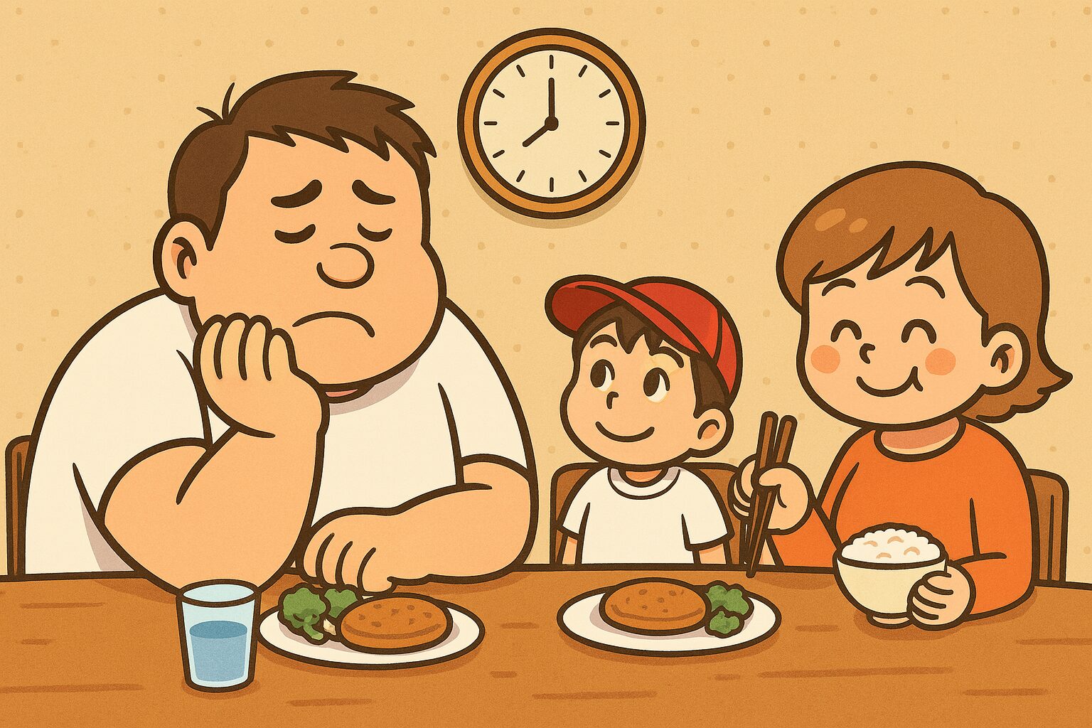 夕食の食卓でショックを受ける体の大きなお父さんと、その横で笑顔の息子とお母さん。 親子競技、まさかの“母さん指名”にお父さんショック！ いつも親子競技はお父さんと出場していたのに…今回は息子から「母さんと出る！」の宣言。夕食中、がっくり肩を落とすお父さん。運動会前夜、家庭に静かな波紋が広がる――。