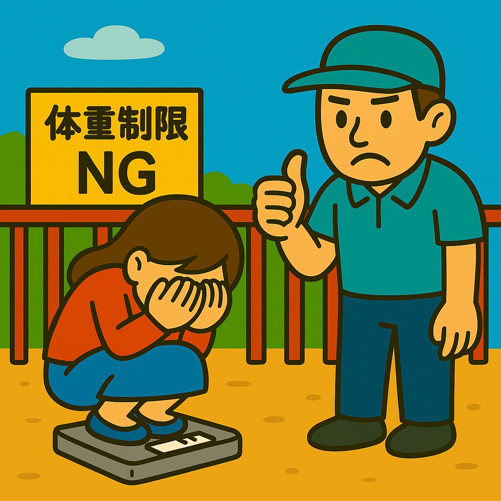 バンジージャンプ場で、体重計に乗りながら目を両目で隠しながらしゃがんでいる小柄な女性と、隣でアウトのジェスチャー（親指を立てるポーズ）をする係員の様子。背景に「体重制限 NG」の看板がある。 「軽すぎてもダメ！？プライバシー死守のバンジーNG体験」 体重が軽すぎてNG…。
