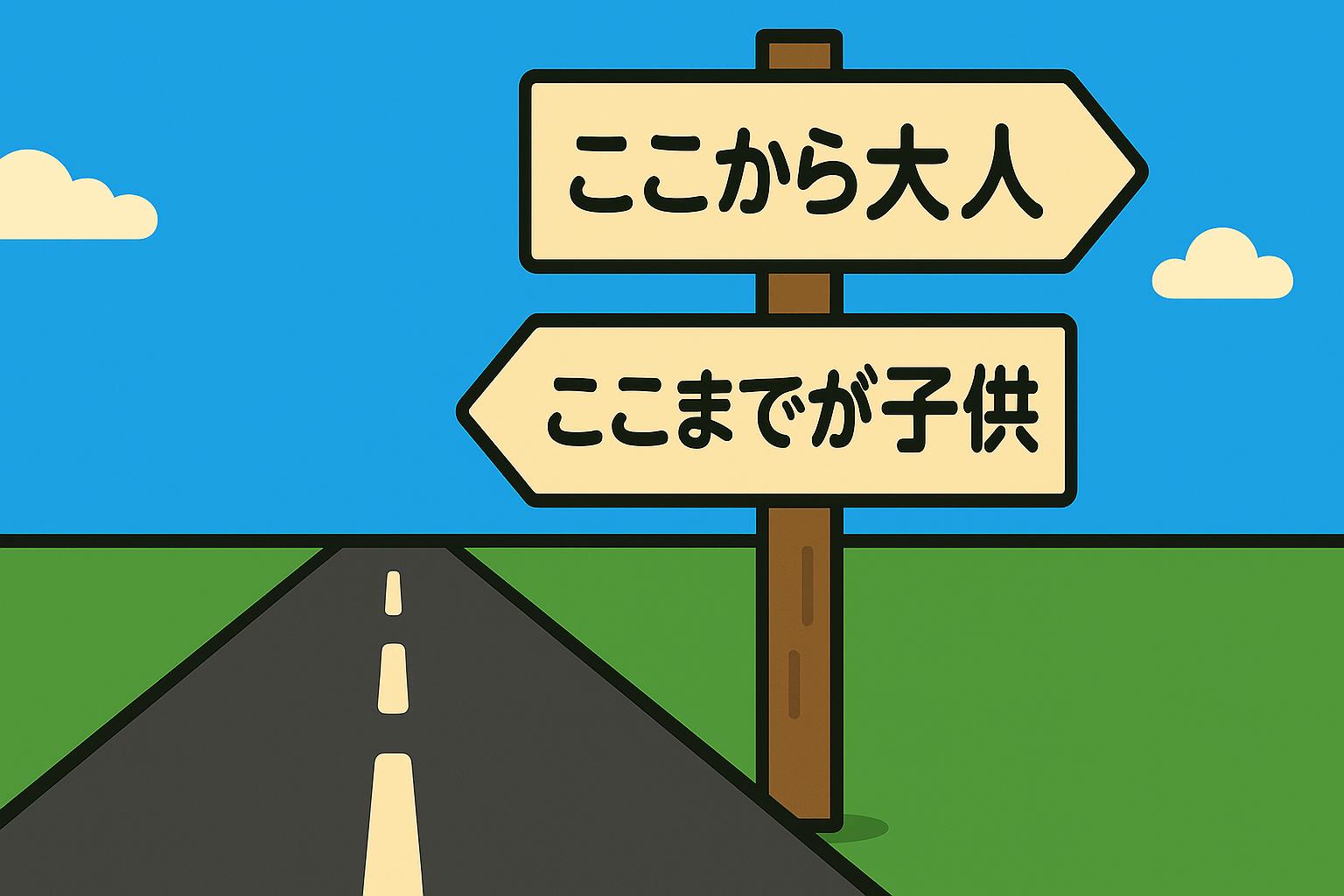 一本道に立つ木製の看板。上の矢印は前方を指し「ここから大人」と書かれ、下の矢印は後方を指し「ここまでが子供」と書かれている。雲ひとつない青空と真っ直ぐな道が背景に広がり、「大人への道のり」を象徴している。