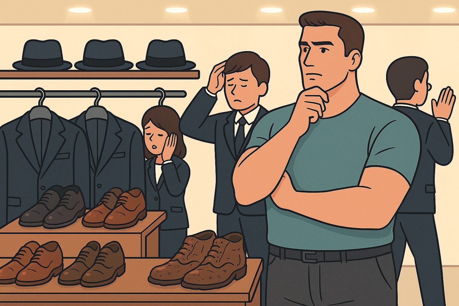 明るい店内で、身長192cmの背が高くスマートなお父さん風の総師がスーツ・靴・帽子を見渡して困っている。どの商品もサイズが合わず、店員たちは見て見ぬふりをしているコミカルな場面。