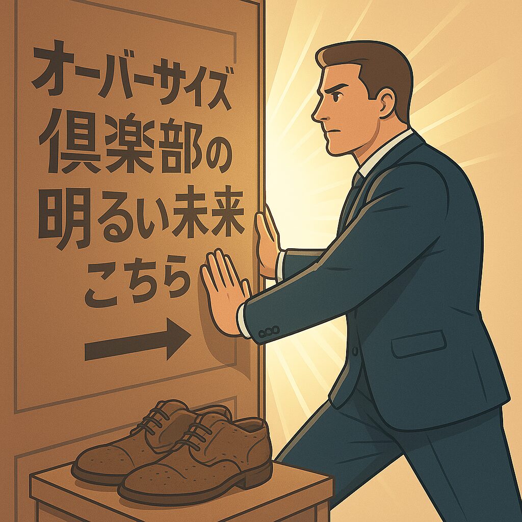スーツ姿の総師が力いっぱい重いドアを押し開け、隙間からまぶしい光が差し込んでいる。ドアには「オーバーサイズ倶楽部の明るい未来はこちら」と力強くデザインされた文字が描かれている。