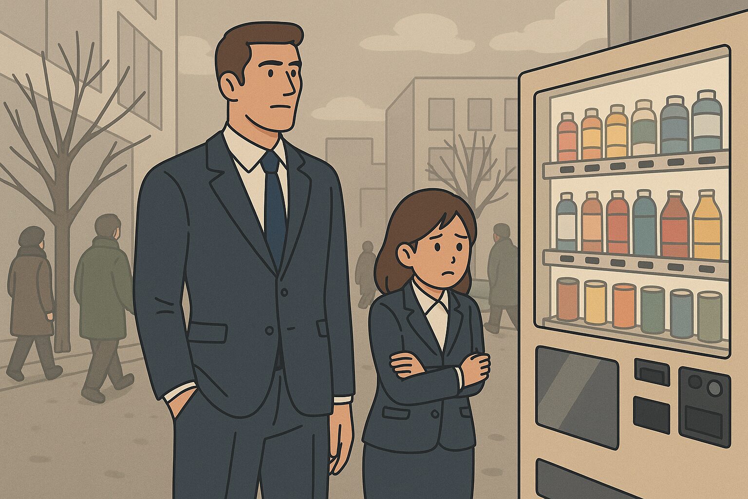冬の寒い日、身長192cmの細マッチョなタッカーズと、身長155cmの新入社員の女性がスーツ姿で自動販売機の前に立っている。背景には薄曇りの空とコートを着た通行人が歩いており、寒さが伝わる街の風景。