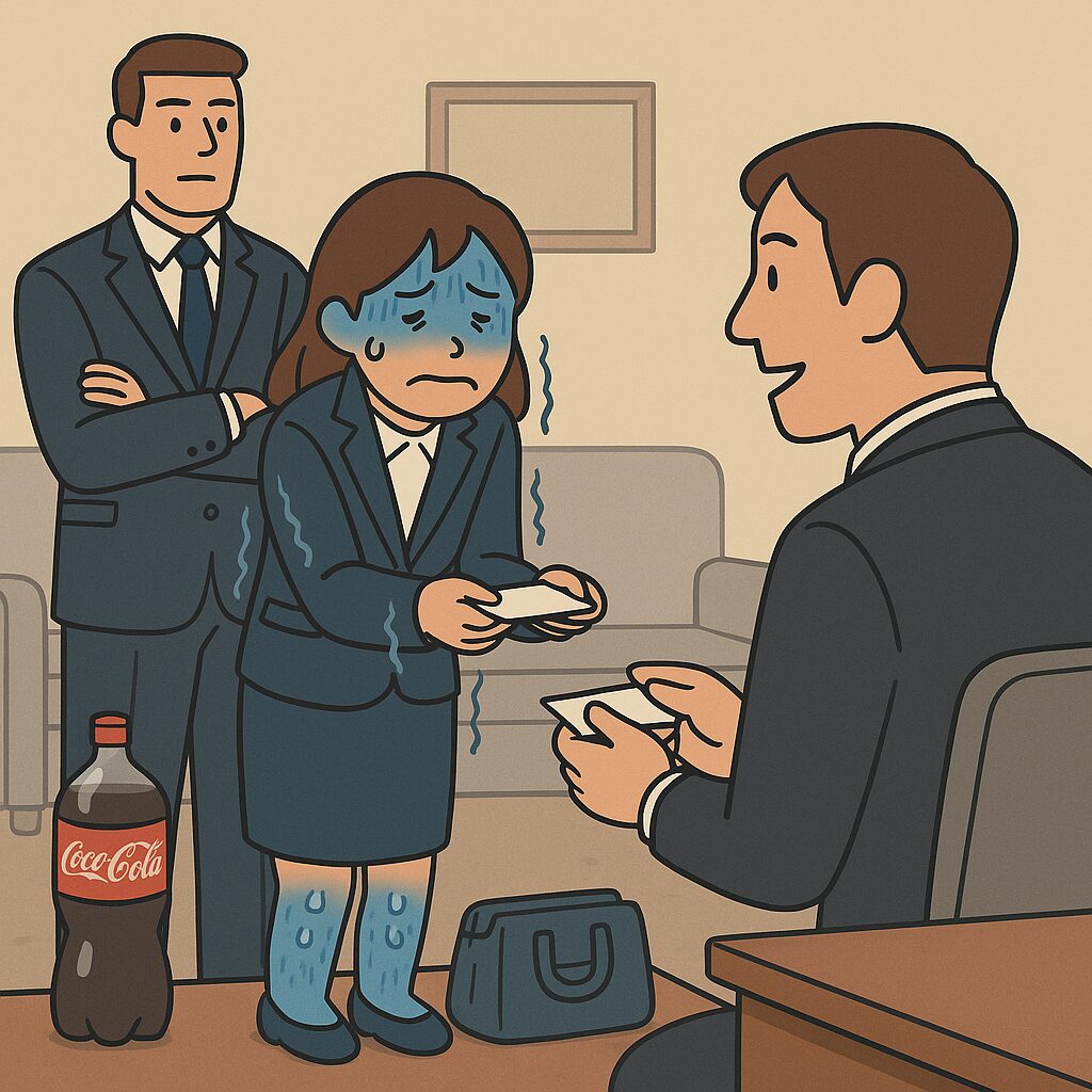 応接室で新入社員の女性が初めてのお客様に名刺を差し出している。床にはバッグと2リットルの大きなコーラが置かれている。女性は寒さで体がかじかみ、手も体もプルプル震え、顔も青ざめながら名刺交換をしている。お客様は驚いた表情で名刺を受け取ろうとしている。