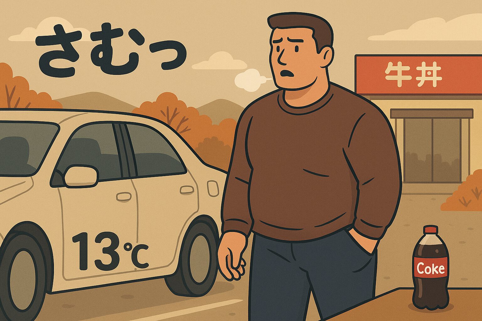 秋の寒い朝、気温13度の牛丼屋の駐車場で、身長192cm・体重115kgのおもリッチがラフな服装で車から降り、「さむっ」と呟きながら息を白くしている様子。背景には牛丼屋の看板と入口が見える。