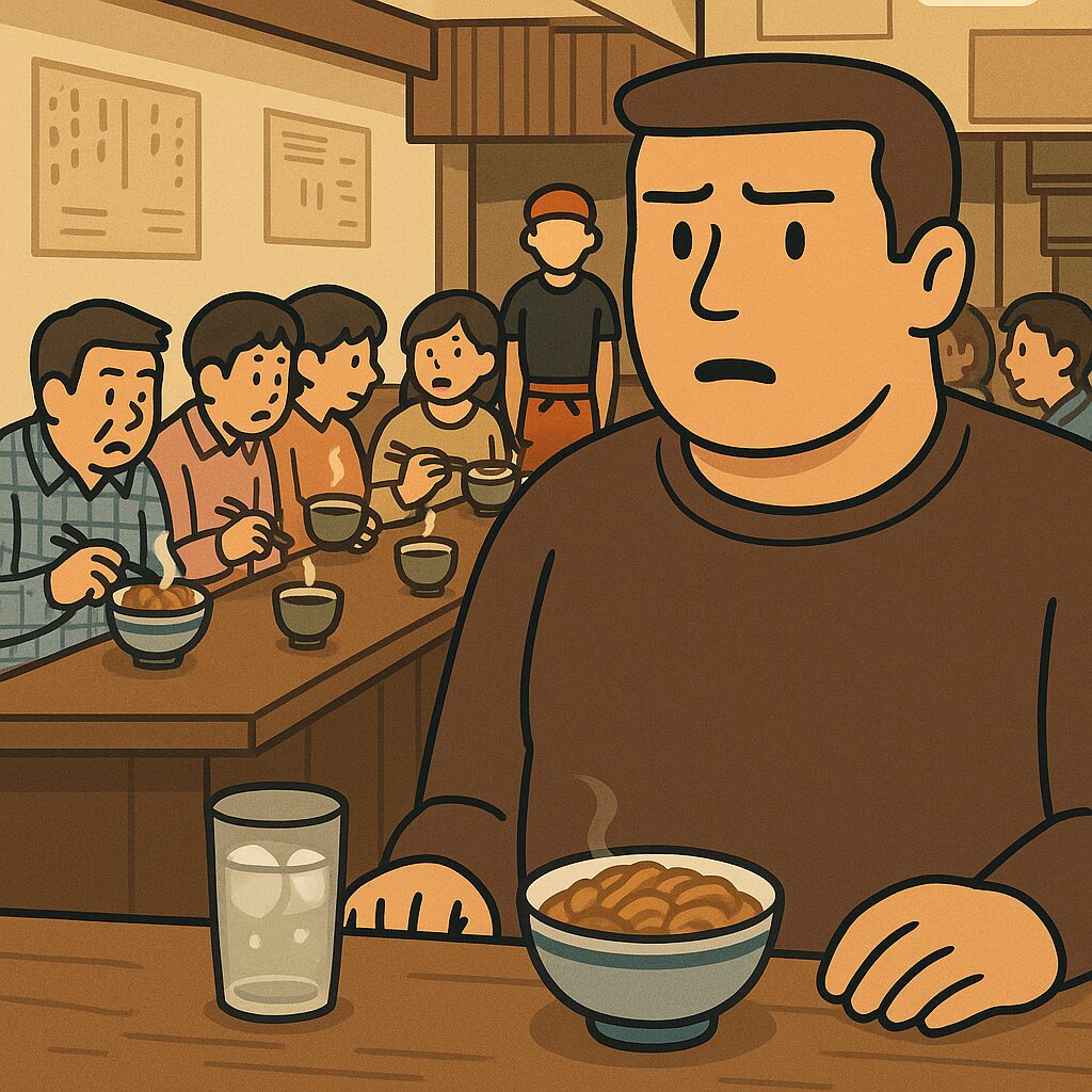 寒い秋の朝、身長192cmの大柄な男性「おもリッチ」が牛丼屋のカウンターに座る。彼の前には冷たいお冷、周囲の客には温かいお茶が提供されており、周囲を不思議そうに見渡しているシーン。