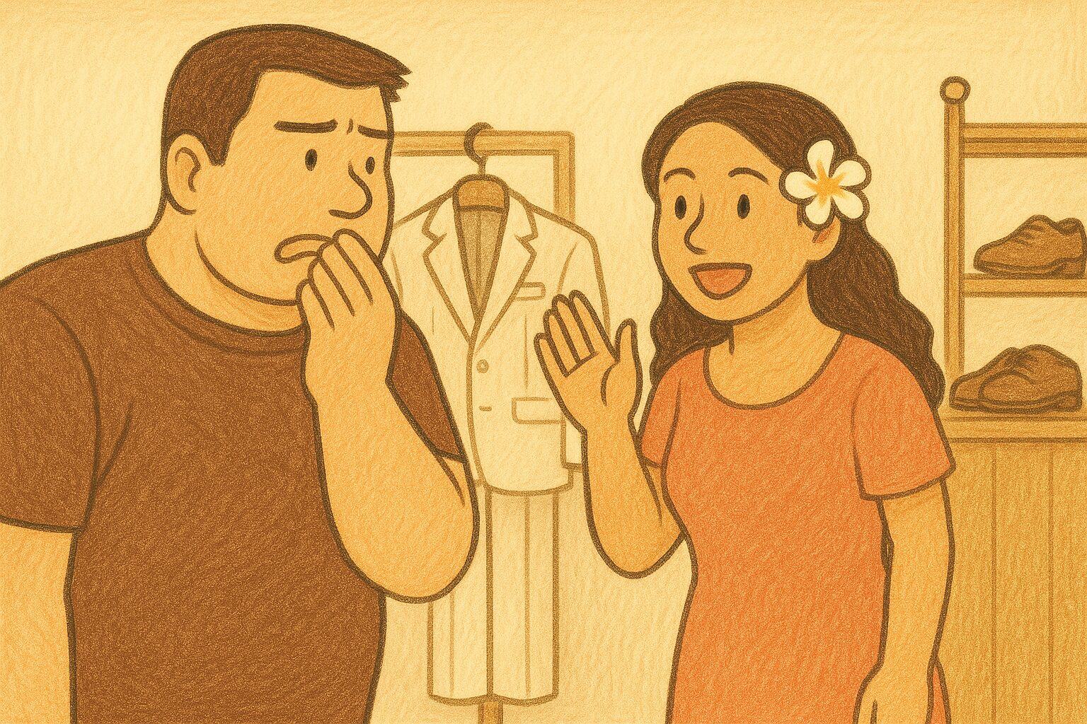 身長192cm・胸囲123cmの大柄な男性が、ハワイのフォーマルウェア店に入り、不安げな様子でタキシードと革靴のサイズがあるかを気にしている。そんな彼に、笑顔の女性店員が明るく近づいてくる様子。背景には南国の花や明るいインテリアがあり、店内の温かい雰囲気が伝わる。