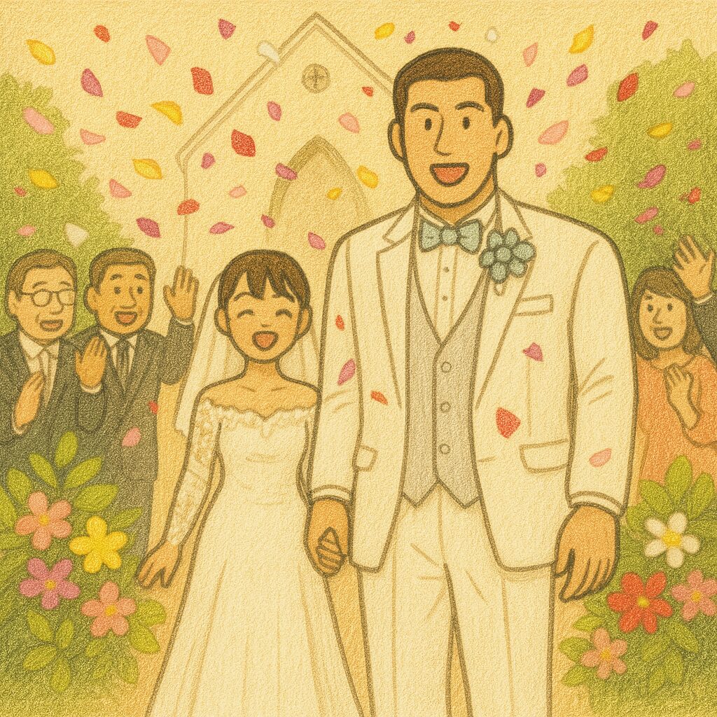 ハワイの青空の下、身長192cmの細身でスーツ姿の新郎と、身長148cmでかわいらしいウェディングドレス姿の新婦が、家族や親戚たちからフラワーシャワーで祝福されている。背景にはチャペルと青空、参列者の中には両親らしき人物もいる。