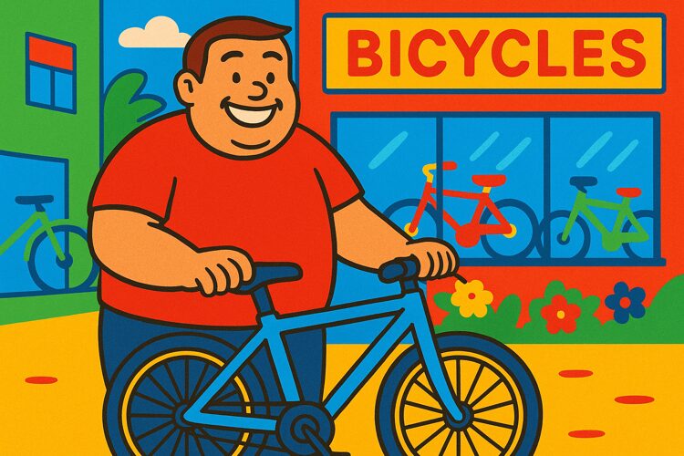 自転車屋で買ったばかりの水色の自転車に笑顔でまたがったオーバーサイズ俱楽部のおもリッチさん（体重115kg）。しかし、自転車の耐荷重は100kgだったため、後輪がゆがみ、スポークが数本ポキポキと折れ始めている様子。背景にはカラフルな花や「BICYCLES」の看板があるお店が描かれ、まだ事態に気づかず幸せそうな表情のおもリッチさんが印象的。