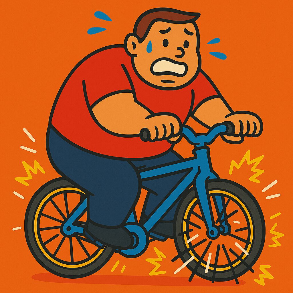 体重115kgのおもリッチが、店頭で買ったばかりの水色の自転車にまたがった瞬間、後輪がぐにゃりと歪み、スポークが次々とポキポキ折れ始めている場面。焦り顔のおもリッチの下で、自転車が悲鳴をあげているように見える。背景にはカラフルな自転車店の看板と店頭の装飾。