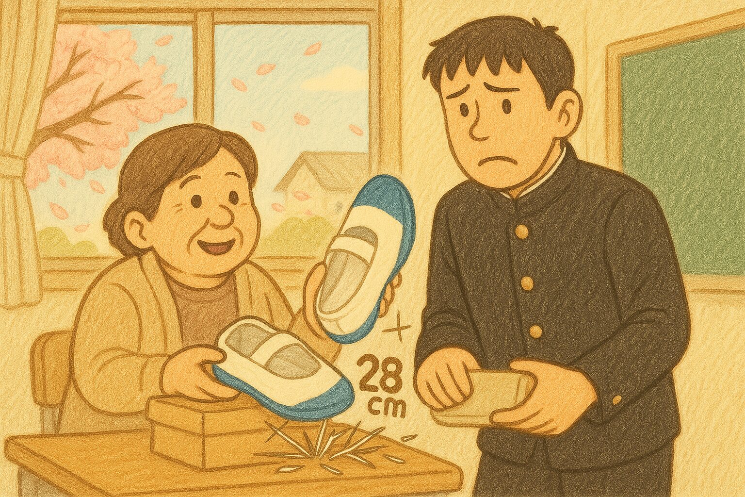 高校入学準備のため教室を訪れた中学3年生の春の男子生徒。身長182cmの彼は、成長途中の大きな足に対して一番大きい28cmの上履きしか選択肢がないことを知り、曇った表情でおばちゃんからその上履きを購入する。まだ中学の学ランを着ており、教室の窓の外には散り始めた桜が風に舞っている。
