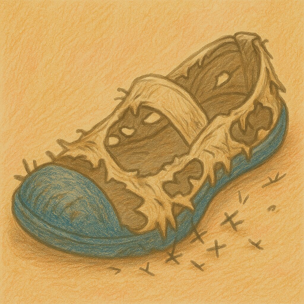 破れすぎて布地が完全に消失し、つま先と底の青いゴム部分だけが残っている、ボロボロの上履き。まるでゴムサンダルのような状態。