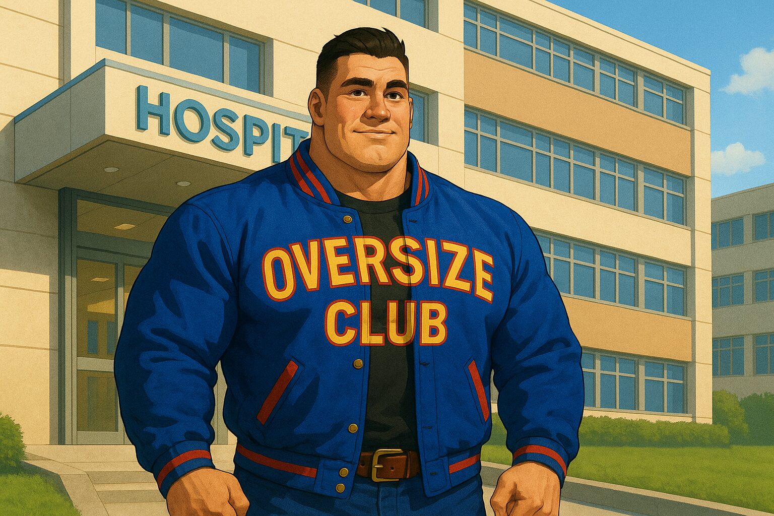 「青い“OVERSIZE CLUB”ジャンパーを着た上半身ムキムキの男性が、病院の建物前で人間ドックに挑むために立っている。決意を込めた表情で朝の光を浴びている。」