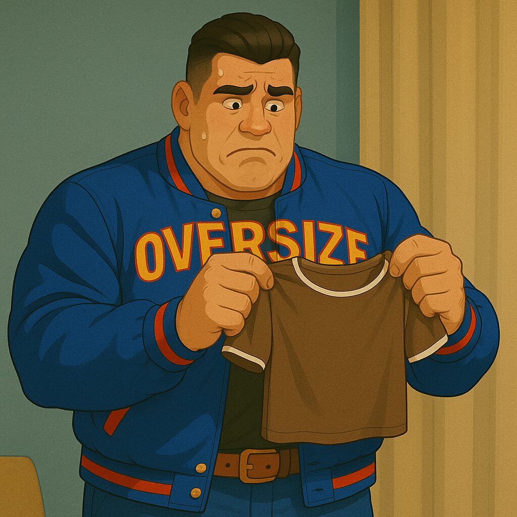 「オーバーサイズ俱楽部のメンバーが、控室で渡された小さすぎる茶色の検査着を体に当ててみて、困惑している様子」