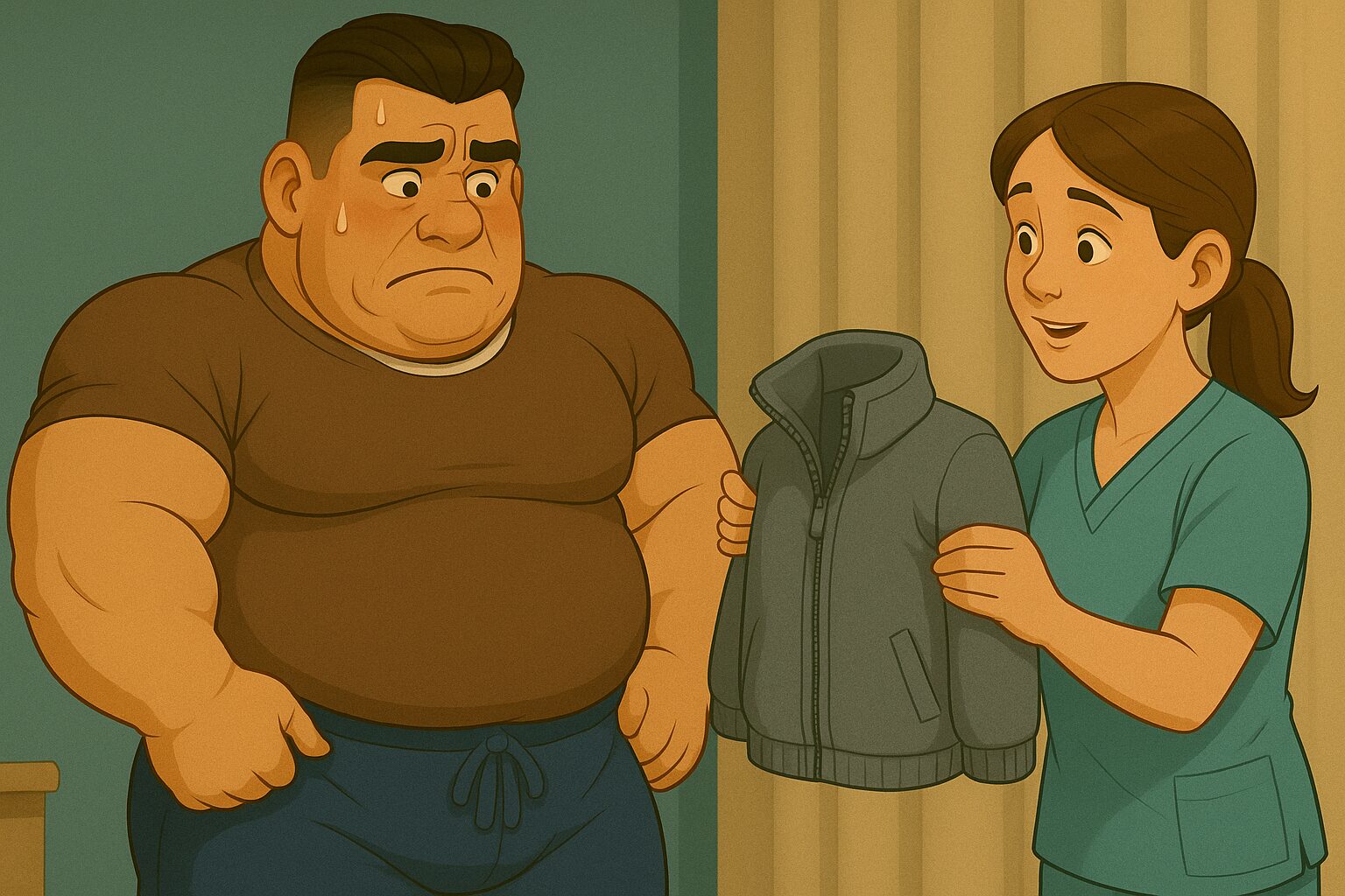 「小さな検査着を無理に着てムチムチになったオーバーサイズ俱楽部の男性に、看護師さんがさらに小さそうなフリースを笑顔で差し出す場面」