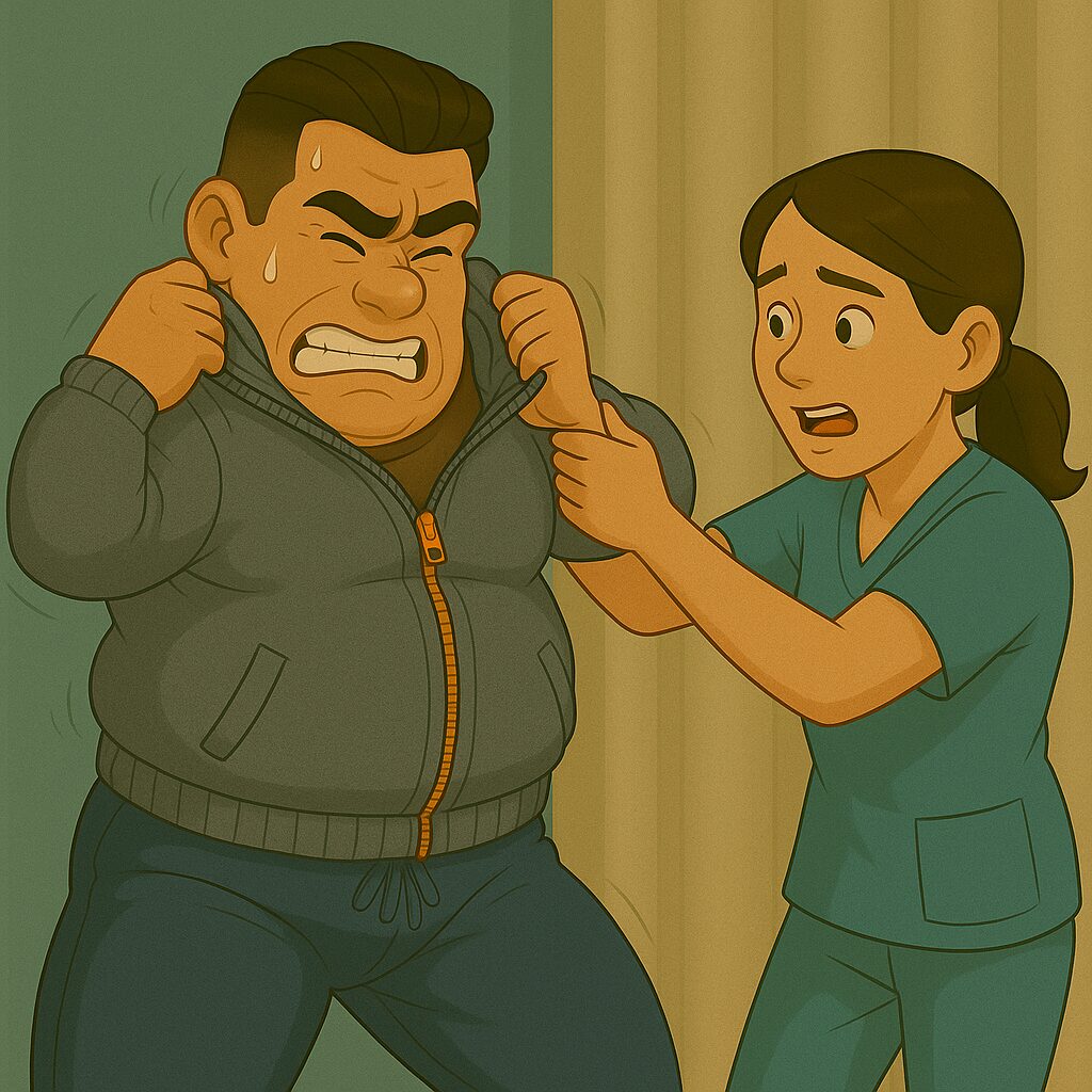 「小さすぎるフリースを一人では脱げず、看護師さんと一緒に悪戦苦闘しながら必死に脱ごうとしている大柄な男性」