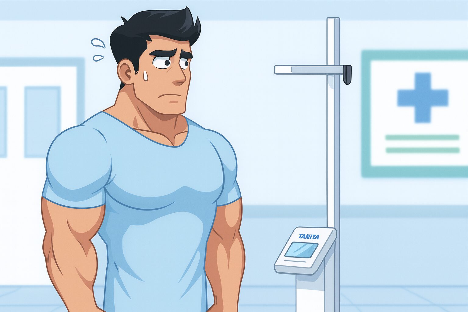 「病院の健診で、身長192cmの細マッチョのタッカーズが身長・体重計の前に立ち、不安そうに汗をかいている様子」