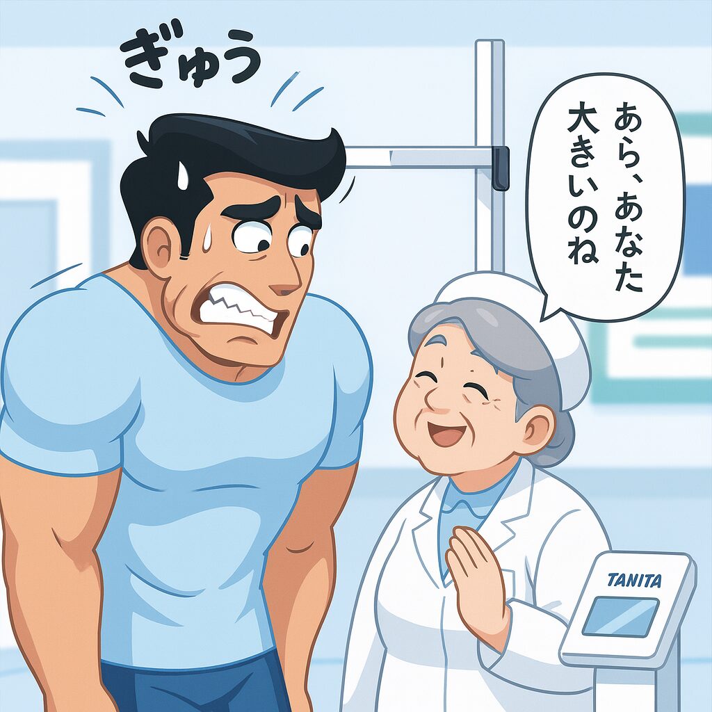 「身長192cmのタッカーズが、首をくの字に曲げて無理やり身長計測器に入っている様子。横ではおばちゃん看護師が笑顔で『あら、あなた大きいのね』と声をかけている場面」