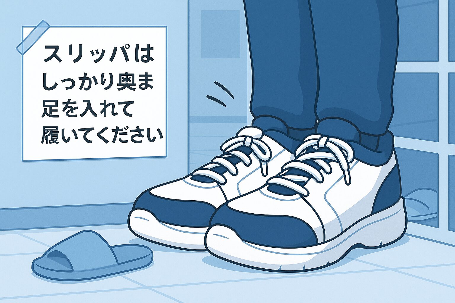「病院のげた箱に『スリッパはしっかり奥まで足を入れて履いてください』と張り紙。横には足サイズ31cm＋4Eのハミ出しシューズ団団長の大きなスニーカーが並び、手前の小さなスリッパが明らかに履けない様子」