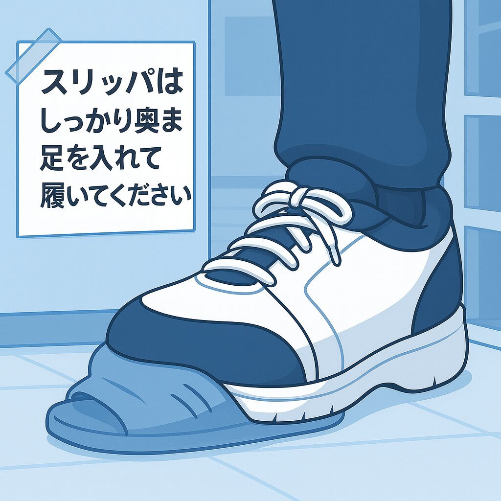「病院の張り紙に『スリッパはしっかり奥まで足を入れて履いてください』とあるが、サイズ31cm+4Eの大きな足を無理やり小さいスリッパに入れたため、かかとが丸出しで横幅がモッコリ膨らんでいる様子」