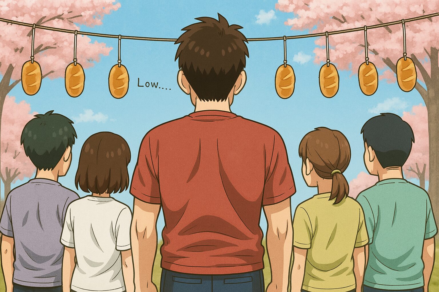 運動会のパン食い競争に並ぶ5人の参加者たちを背後から見たシーン。中央の高身長の男性（タッカーズ）は、吊るされたパンの低さに戸惑っている。 「低っ…!?」パンの位置に驚くタッカーズの運命は… 地域の運動会、念願のパン食い競争に出場したが、まさかの地上70cm!?　