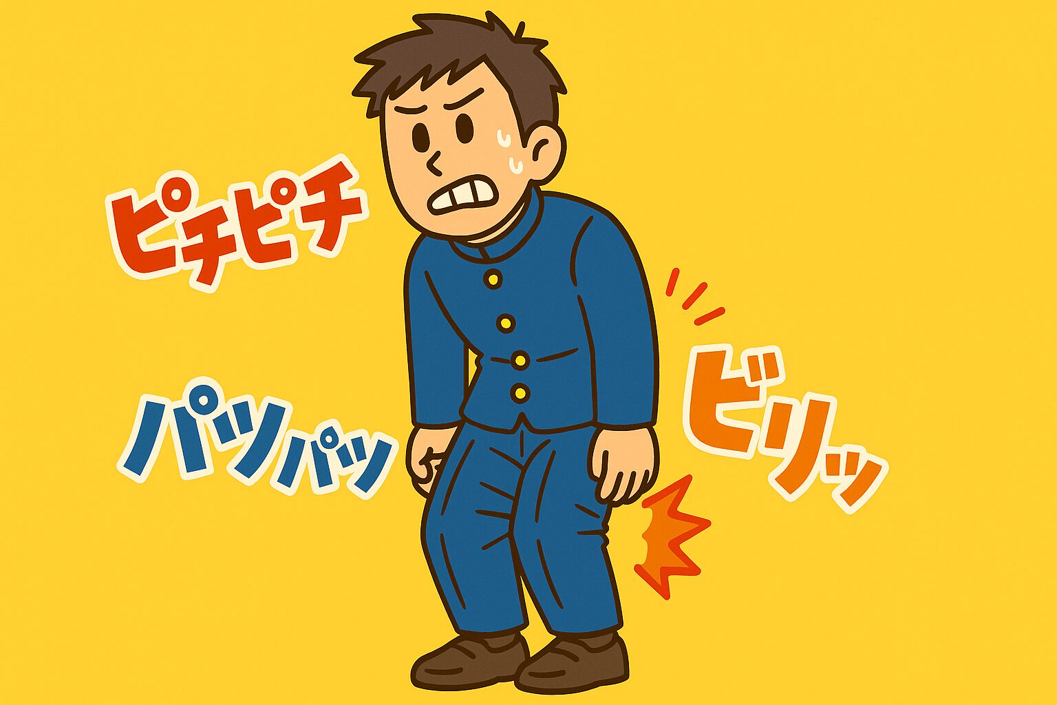 制服が小さすぎてピチピチになってしまった中学生の男の子が、成長に追いつかない学生服を着て立っている様子。ズボンはくるぶしまで上がり、太ももとお尻はパツパツ。上着のボタンもはち切れそうなほどパンパンになっている。 成長が制服に追いつかない！制服ピチピチ中学生の悲劇 兄のおさがり制服、もう限界！中学3年で急成長した彼に訪れた“縫い目との戦い”。