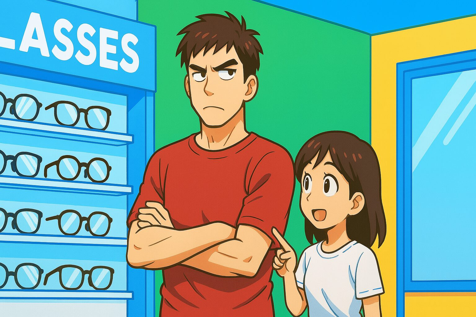 メガネ屋の店内で、大柄な男性と小柄な女性がメガネを選んでいる様子。男性は腕を組んで不安そうな表情、女性は笑顔で提案している。 「そのサイズ…ありますか？」メガネ売り場での静かな絶望 タッカーズ（頭囲もでかい）＆小柄な奥さん、メガネ屋にてサイズ難民の現実を実感中。似合う以前に、まず“掛けられるか問題”が立ちはだかる！
