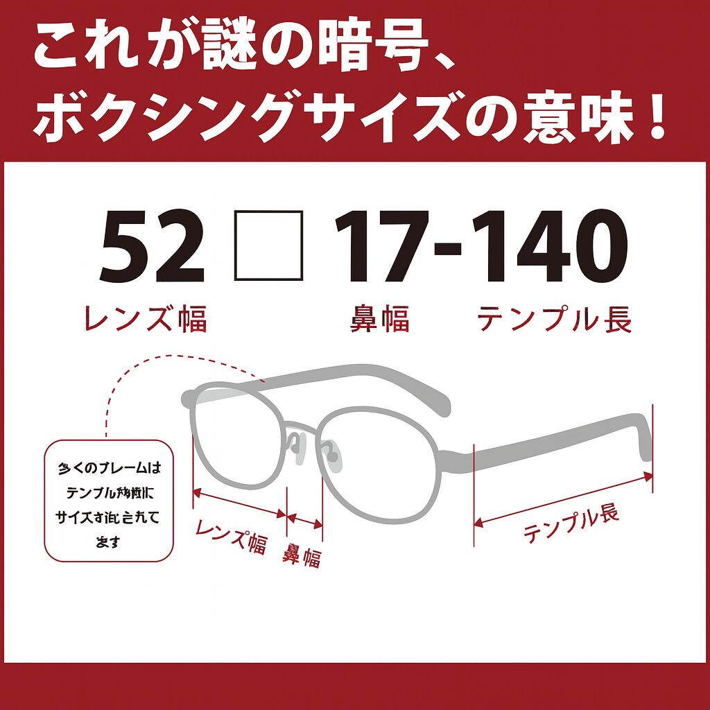 眼鏡のサイズ表記「52□17-140」の意味を説明する日本語インフォグラフィック。赤い矢印でレンズ幅・鼻幅・テンプル長を示し、上部には大きな文字でサイズ表記が描かれている。 これが“ボクシングサイズ”！眼鏡の謎の数字、徹底解説 眼鏡の内側に刻まれたドイツ発祥の国際規格“ボクシングシステム”