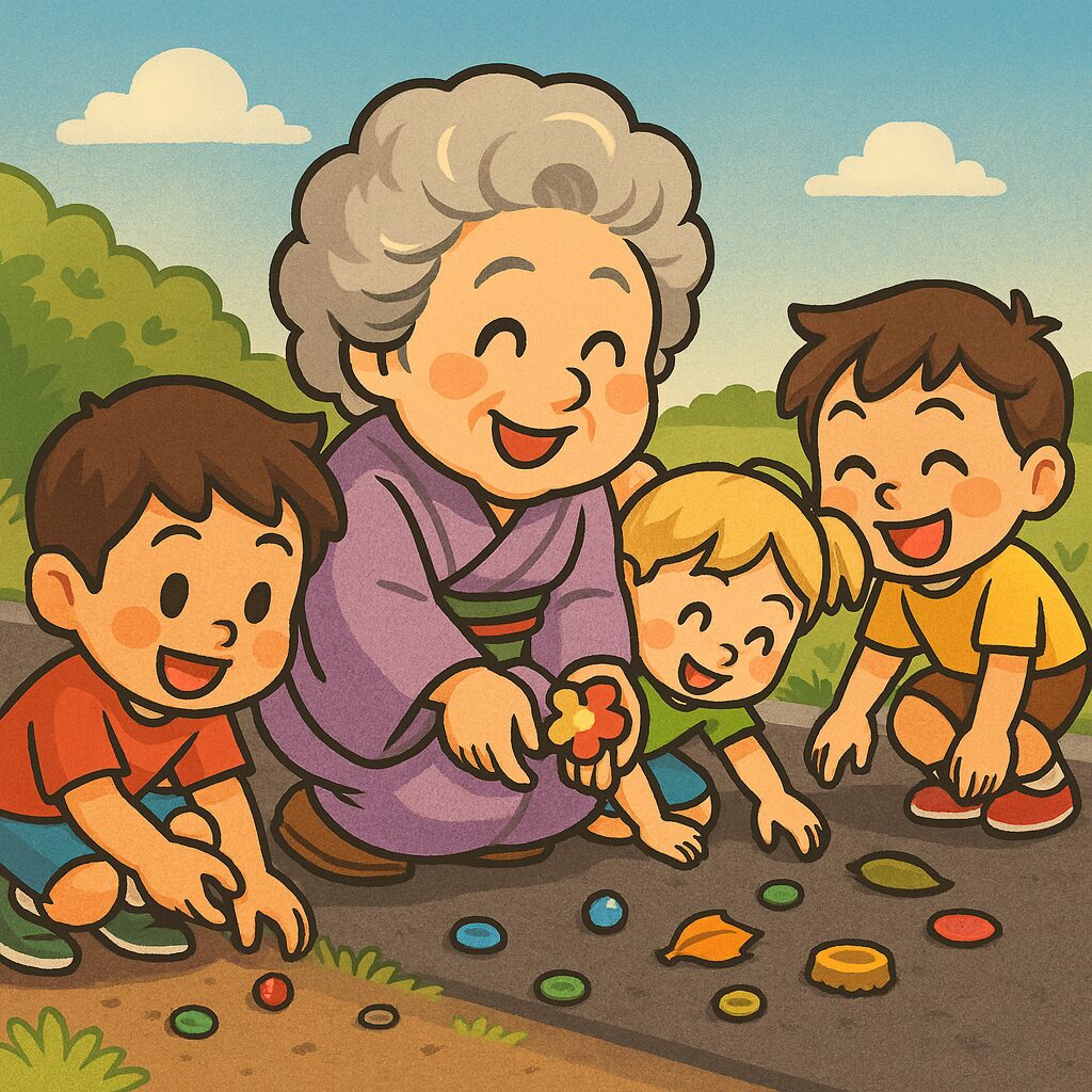 道ばたで子供たちと一緒に楽しそうに落ちているものを拾うオババ。紫の着物姿のオババが笑顔でしゃがみ、子供たちと手を伸ばして遊んでいる様子。背景は青空と木々で、和やかな雰囲気。