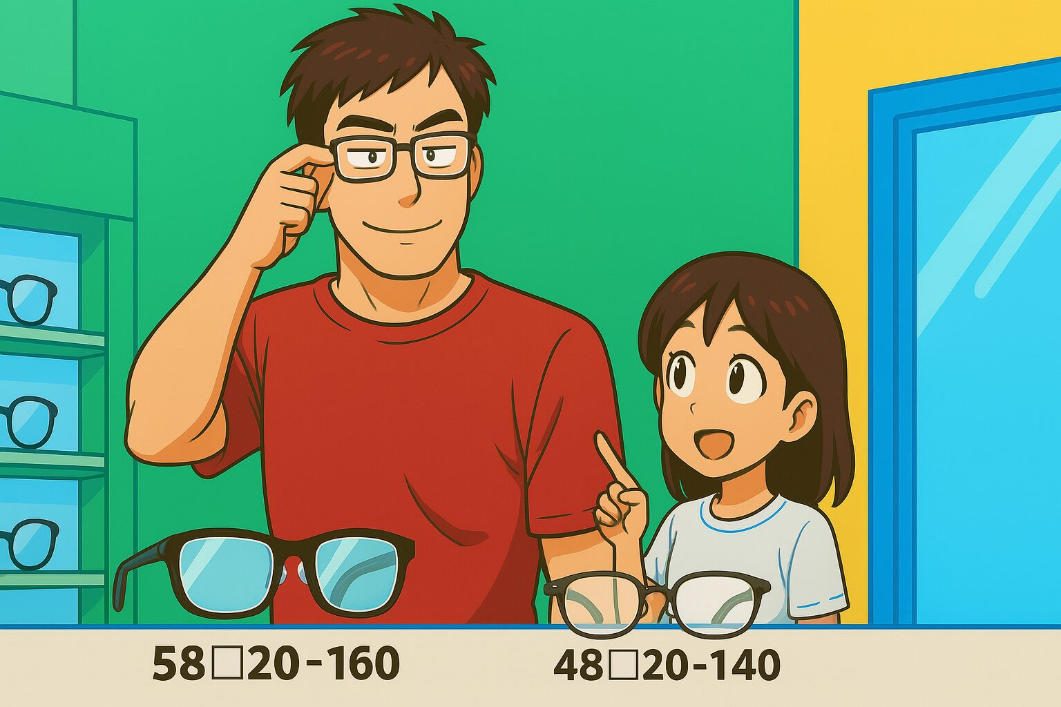 大きな眼鏡をかけるデカたま様と、小顔な奥さんがメガネ店でサイズ比較している様子 メガネも“でかいサイズ”あります！夫婦で驚いたサイズ差 デカたま様の特大サイズ「58□20-160」