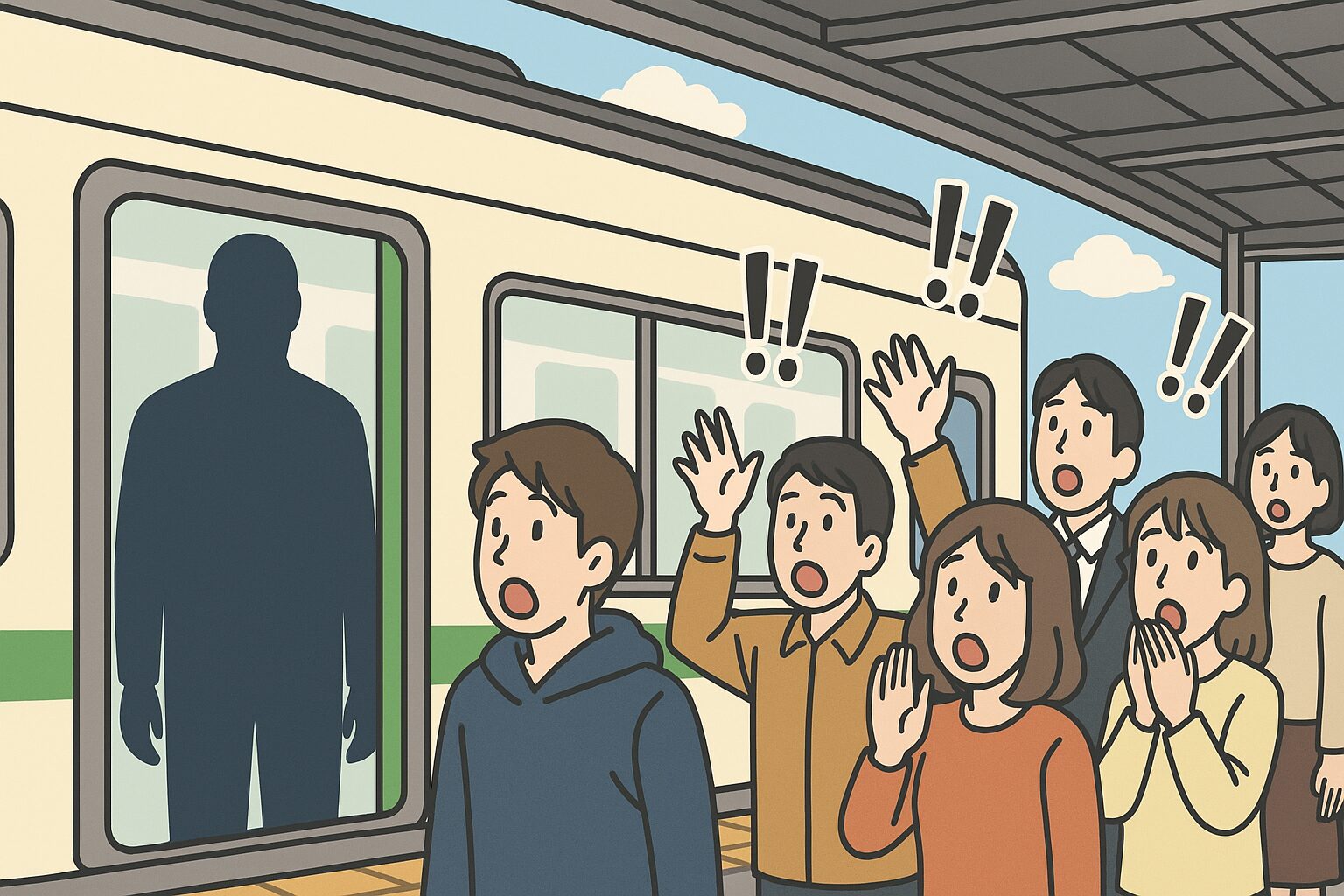 「駅のホームで電車を待つ人々が、車内に立つ大きな影を見て一斉に驚いている様子。顔が窓から見えず、巨大な物体のように見える高身長の人物。」