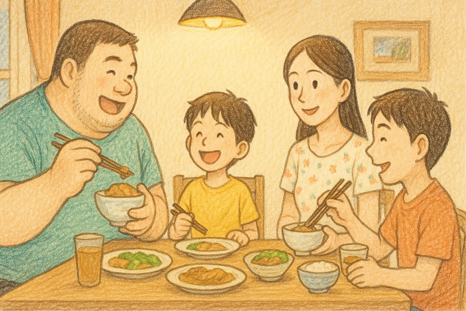 色鉛筆で描かれた、4人家族が自宅のダイニングで笑顔で夕食を楽しんでいる様子。左から、がっしりとした体格のお父さん、黄色のTシャツを着た笑顔の次男、お母さん、そして赤いTシャツの長男。食卓には和食のおかずが並び、明るく温かい雰囲気に包まれている。