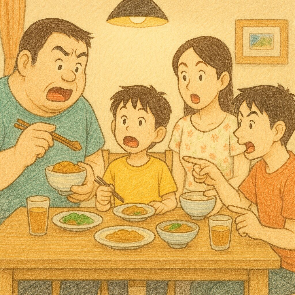 色鉛筆風に描かれた家族の団らんシーン。ダイニングテーブルを囲む4人家族の中で、驚いた表情の次男が「父さん192kgなの!?」と発言し、それを聞いた父・母・長男の3人が同時に笑いながら「192は身長！」とツッコミを入れている。温かくコミカルな雰囲気。
